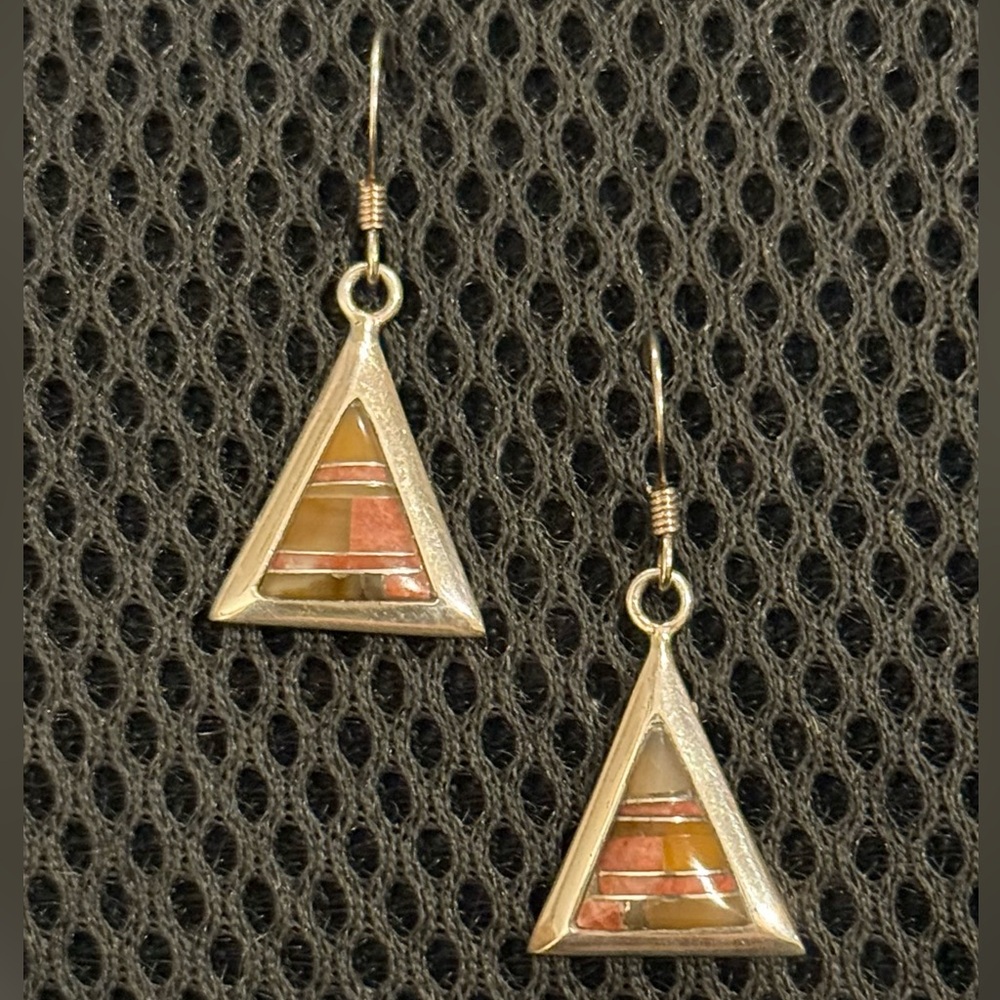 Southwestern Vintage Zuni Mosaic Inlay Picture Jasper Sterling Silver Earrings